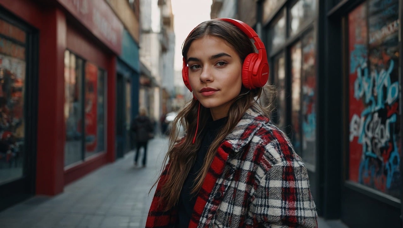 An image of a woman wearing red headphones on a city street.